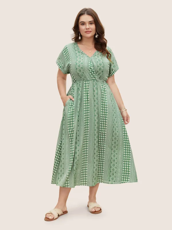 Boho Print Overlap Collar Dolman Sleeve Dress sold by Bloomchic