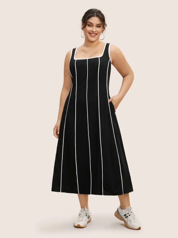 Square Neck Contrast Trim Midi Dress sold by Bloomchic