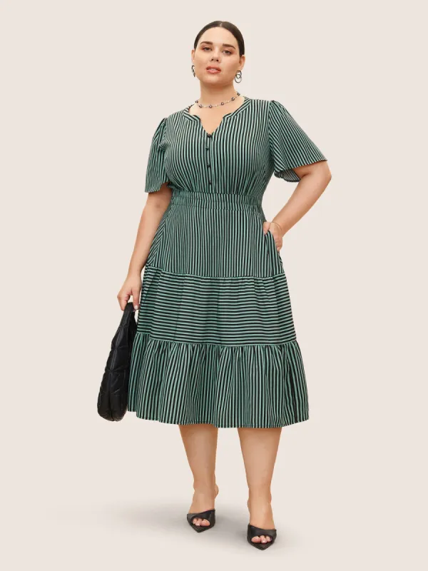 Striped Button Detail Ruffle Layered Hem Dress sold by Bloomchic