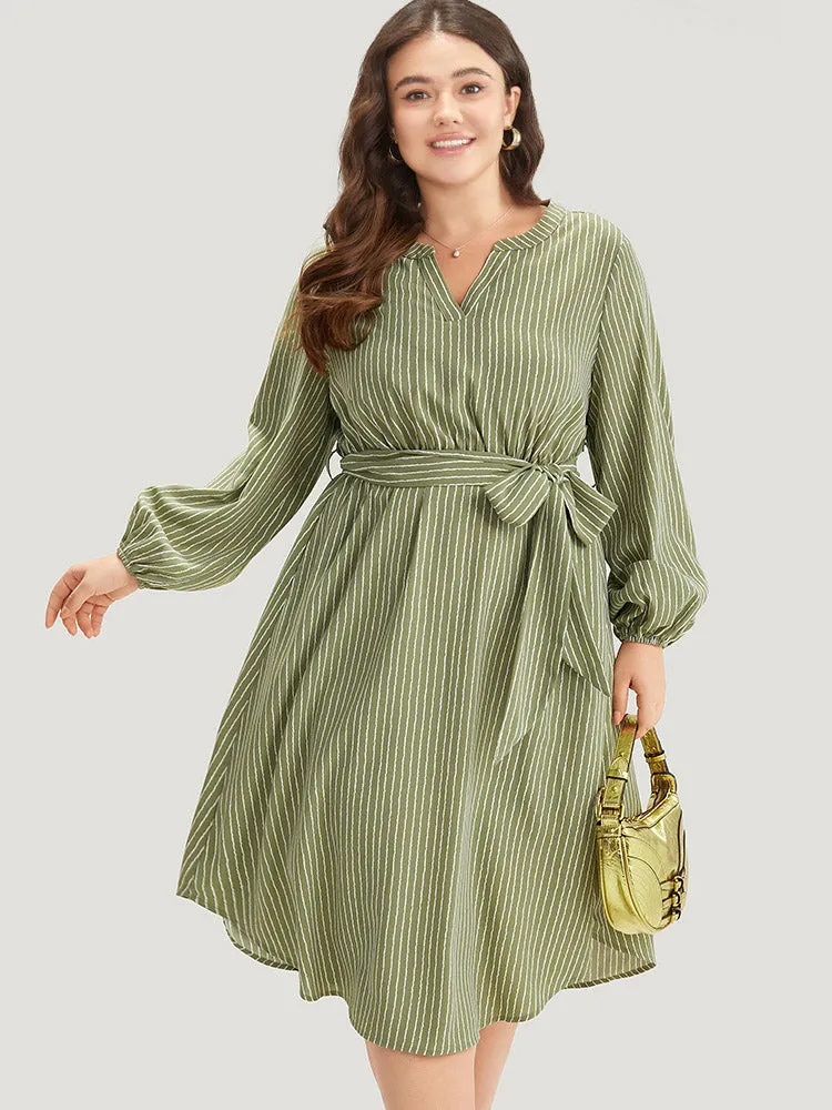Striped Notched Belted Lantern Sleeve Dress sold by Bloomchic