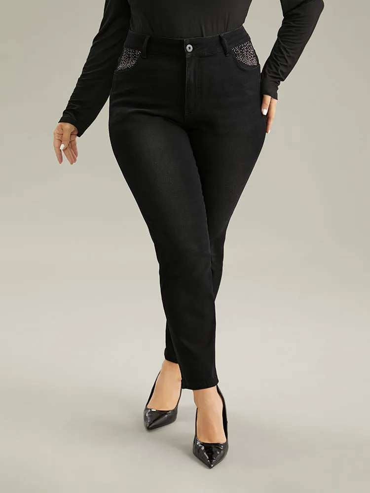 Rhinestone Detail Straight Leg Black Wash Jeans sold by Bloomchic