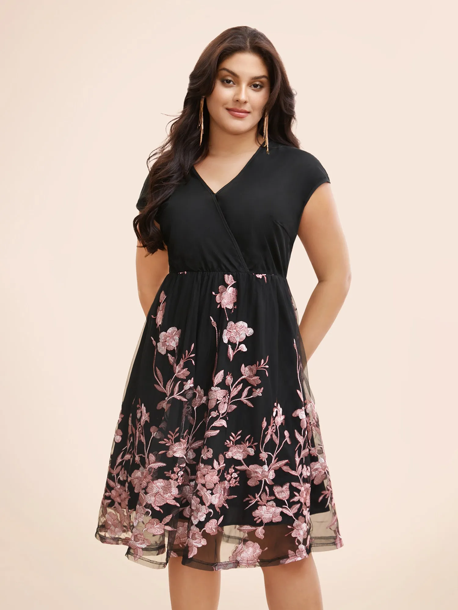 Floral Embroidered Wrap Cap Sleeve Dress sold by Bloomchic