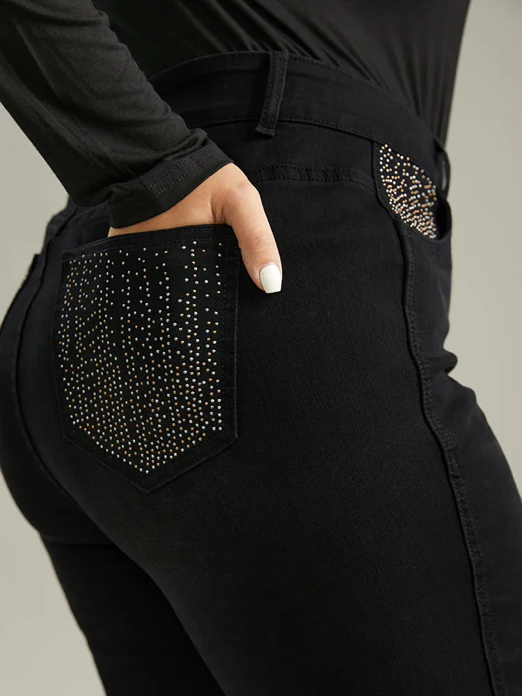Rhinestone Detail Straight Leg Black Wash Jeans sold by Bloomchic product image thumbnail 2