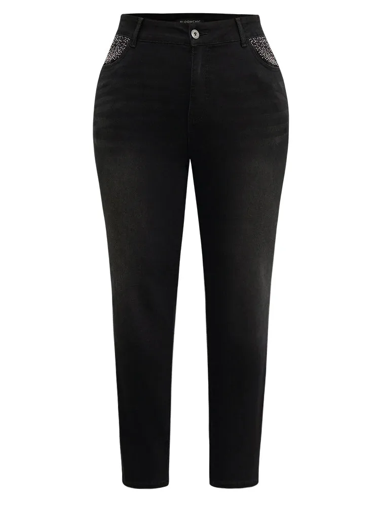 Rhinestone Detail Straight Leg Black Wash Jeans sold by Bloomchic product image thumbnail 5