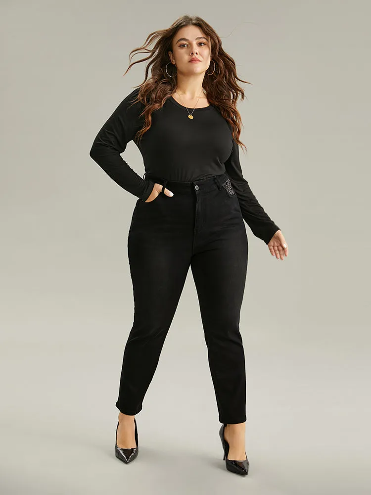 Rhinestone Detail Straight Leg Black Wash Jeans sold by Bloomchic product image thumbnail 4