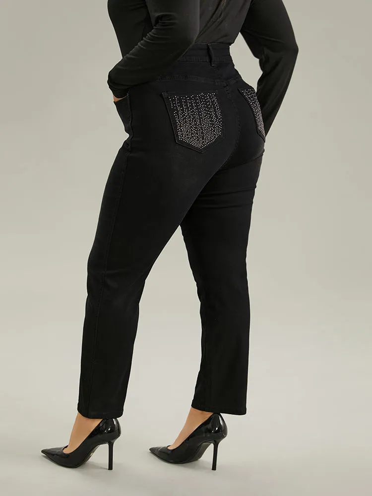 Rhinestone Detail Straight Leg Black Wash Jeans sold by Bloomchic product image thumbnail 3