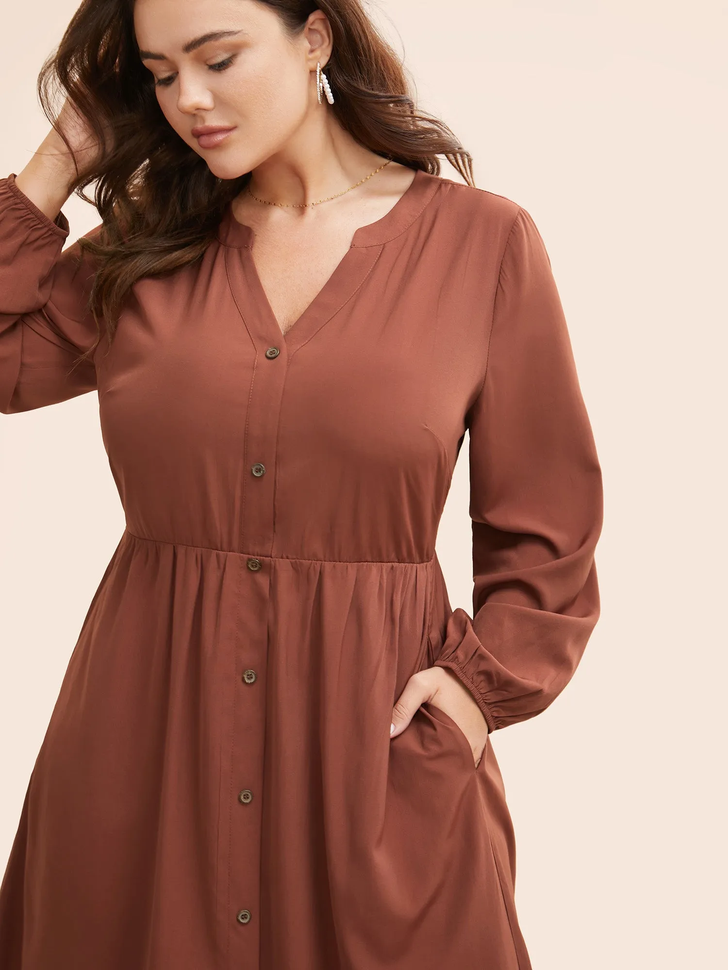 Solid Notched Collar Lantern Sleeve Dress sold by Bloomchic product image thumbnail 2