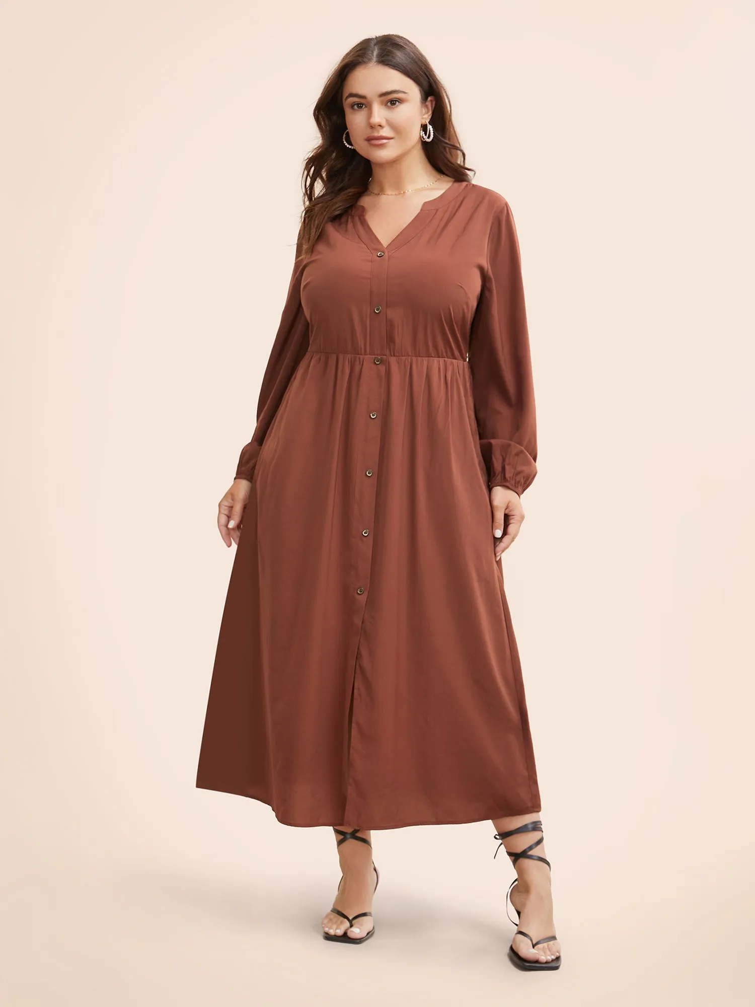 Solid Notched Collar Lantern Sleeve Dress sold by Bloomchic product image thumbnail 3