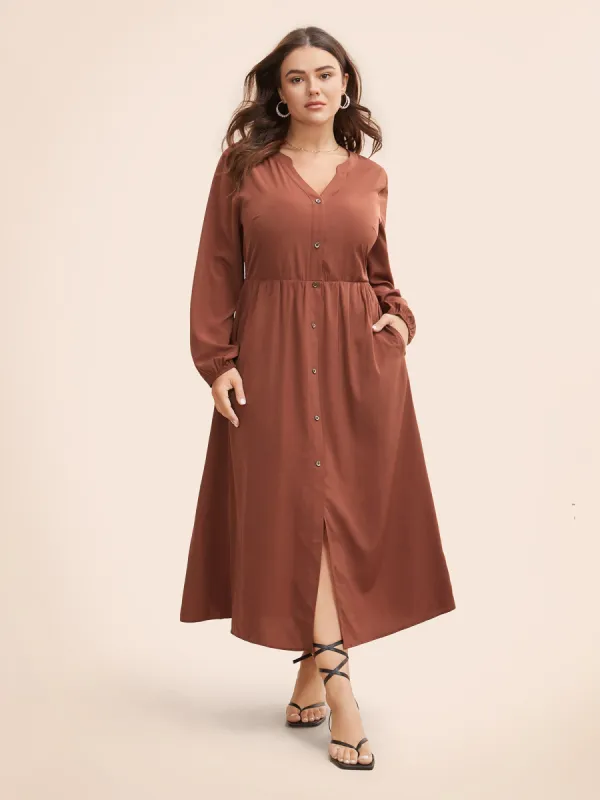 Solid Notched Collar Lantern Sleeve Dress sold by Bloomchic