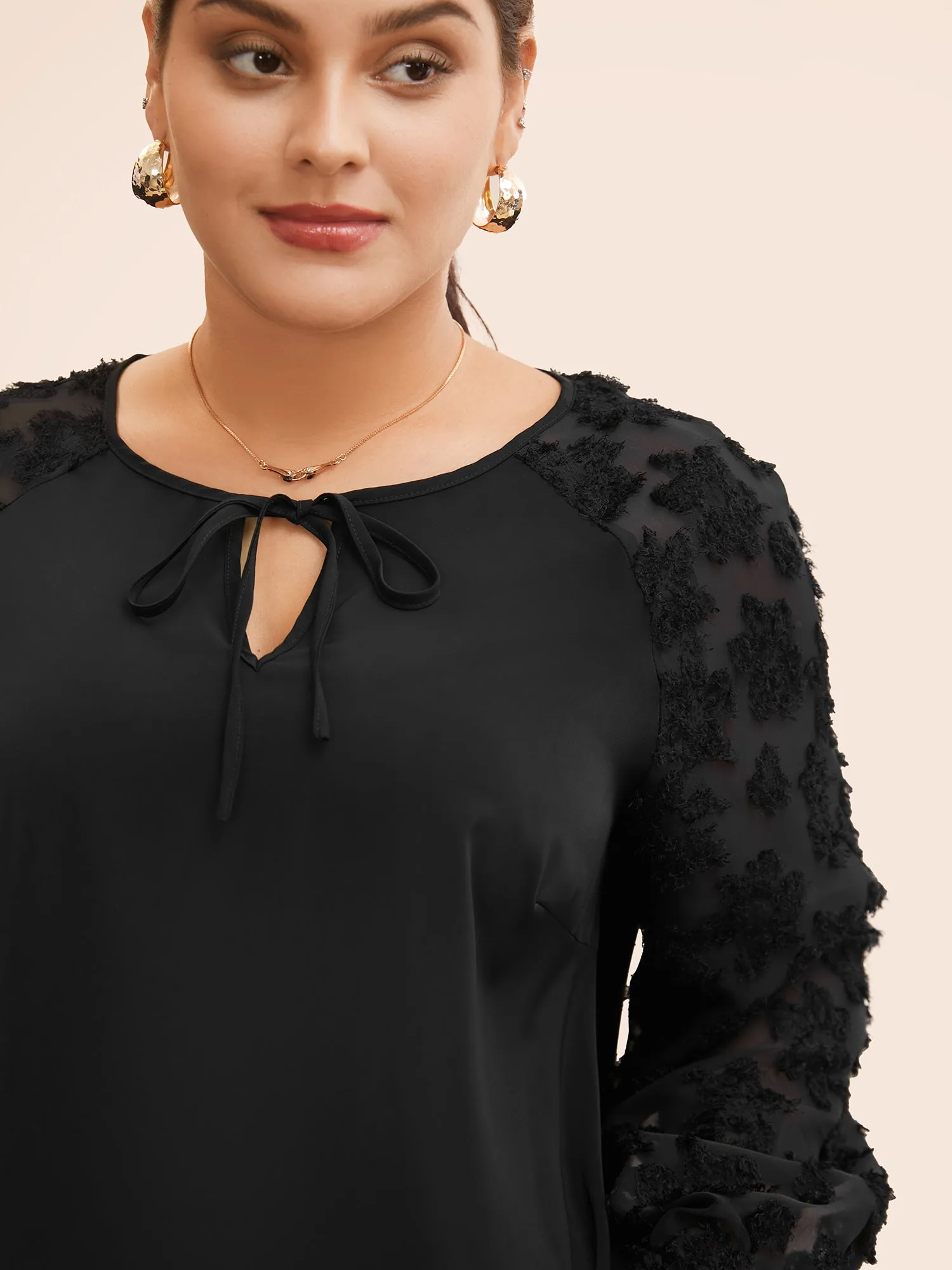 Jacquard Patchwork Tie Knot Raglan Sleeve Blouse sold by Bloomchic product image thumbnail 3