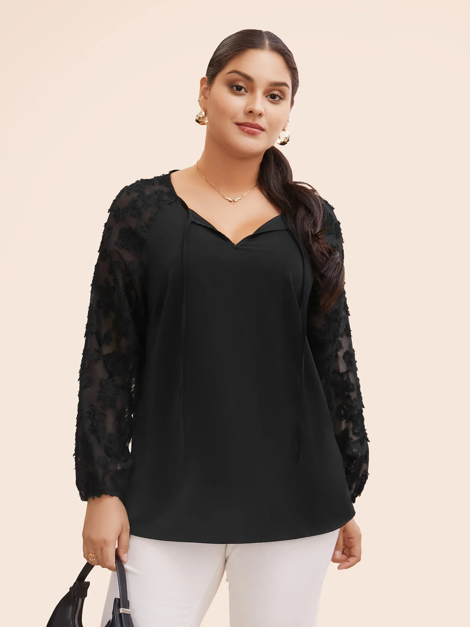 Jacquard Patchwork Tie Knot Raglan Sleeve Blouse sold by Bloomchic