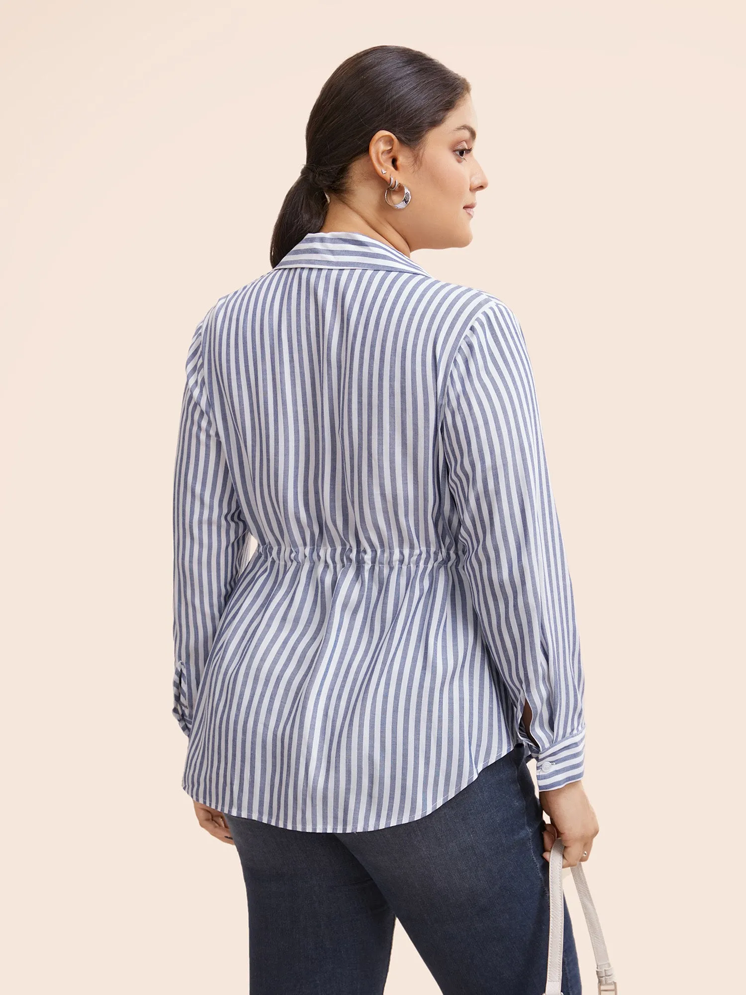 Striped Shirt Collar Drawstring Blouse sold by Bloomchic product image thumbnail 4