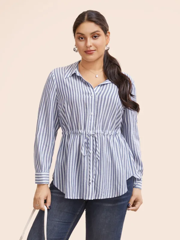 Striped Shirt Collar Drawstring Blouse sold by Bloomchic