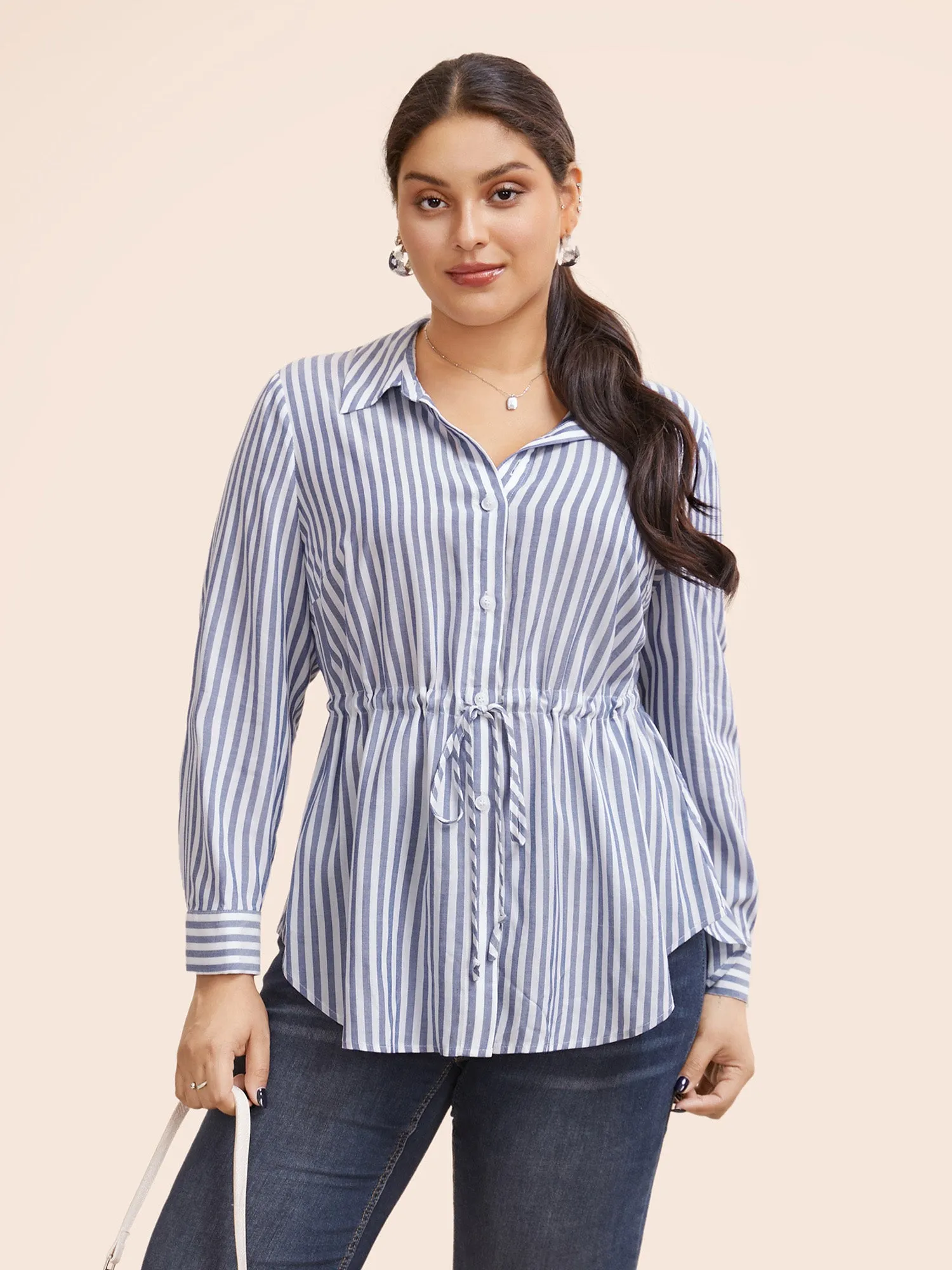 Striped Shirt Collar Drawstring Blouse sold by Bloomchic