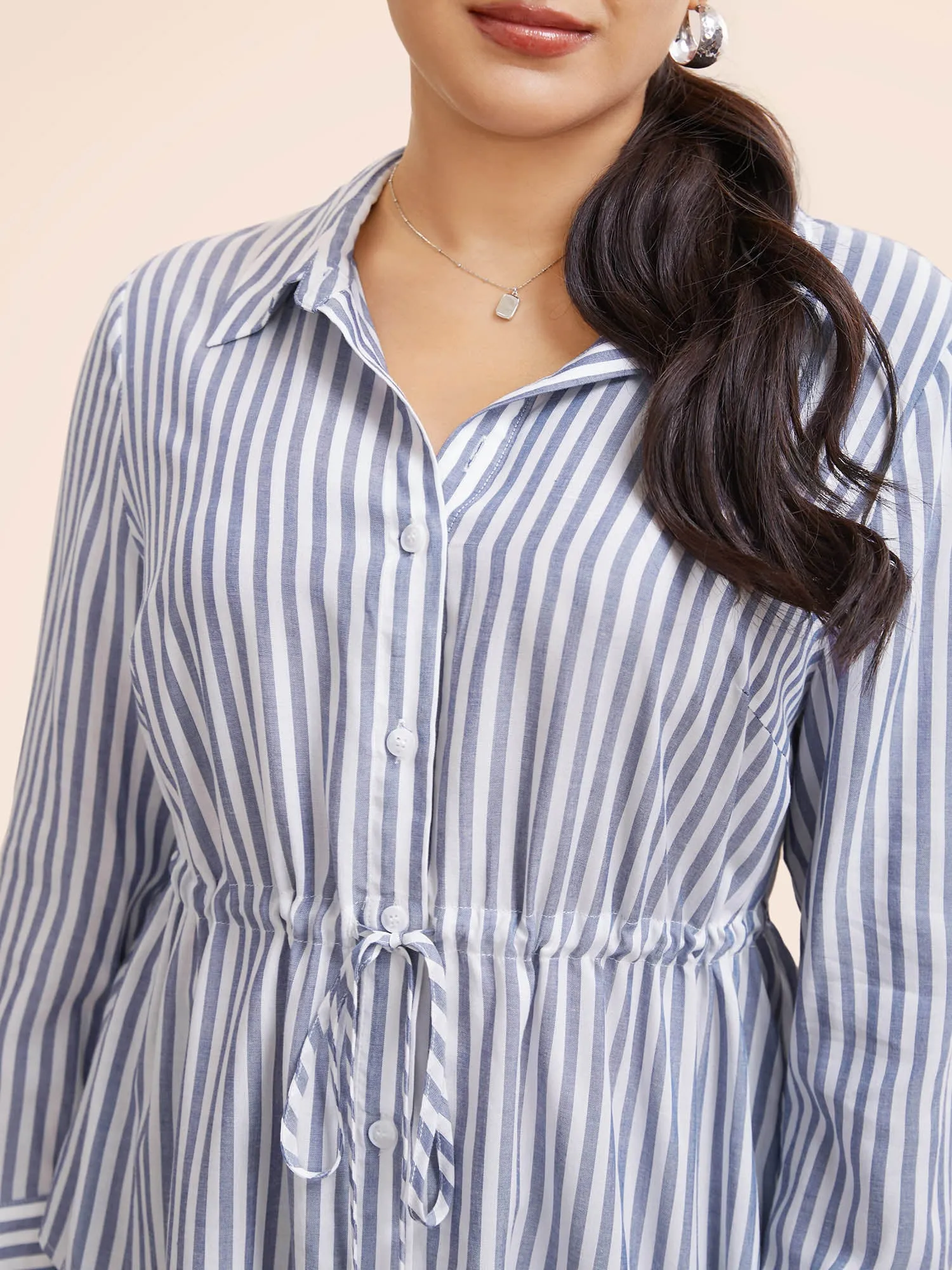 Striped Shirt Collar Drawstring Blouse sold by Bloomchic product image thumbnail 3