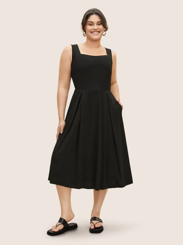 Square Neck Solid Plicated Detail Midi Dress sold by Bloomchic