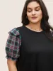 Plaid Patchwork Flounce Lantern Sleeve T-shirt sold by Bloomchic