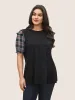 Plaid Patchwork Flounce Lantern Sleeve T-shirt sold by Bloomchic