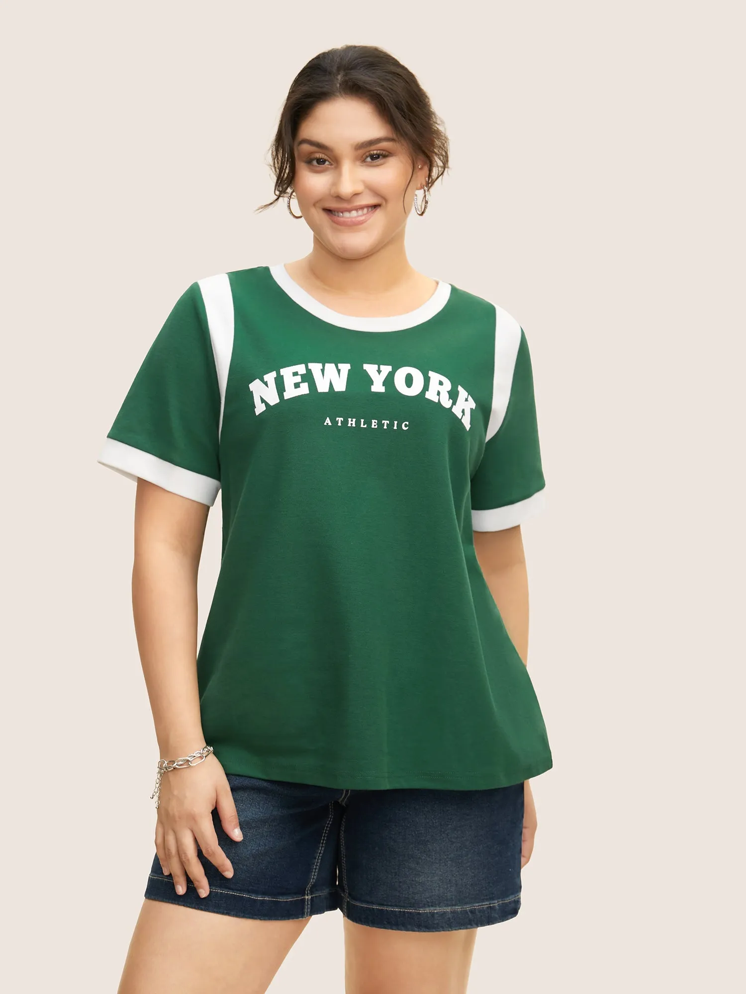 Contrast Letter Print Round Neck T-shirt sold by Bloomchic