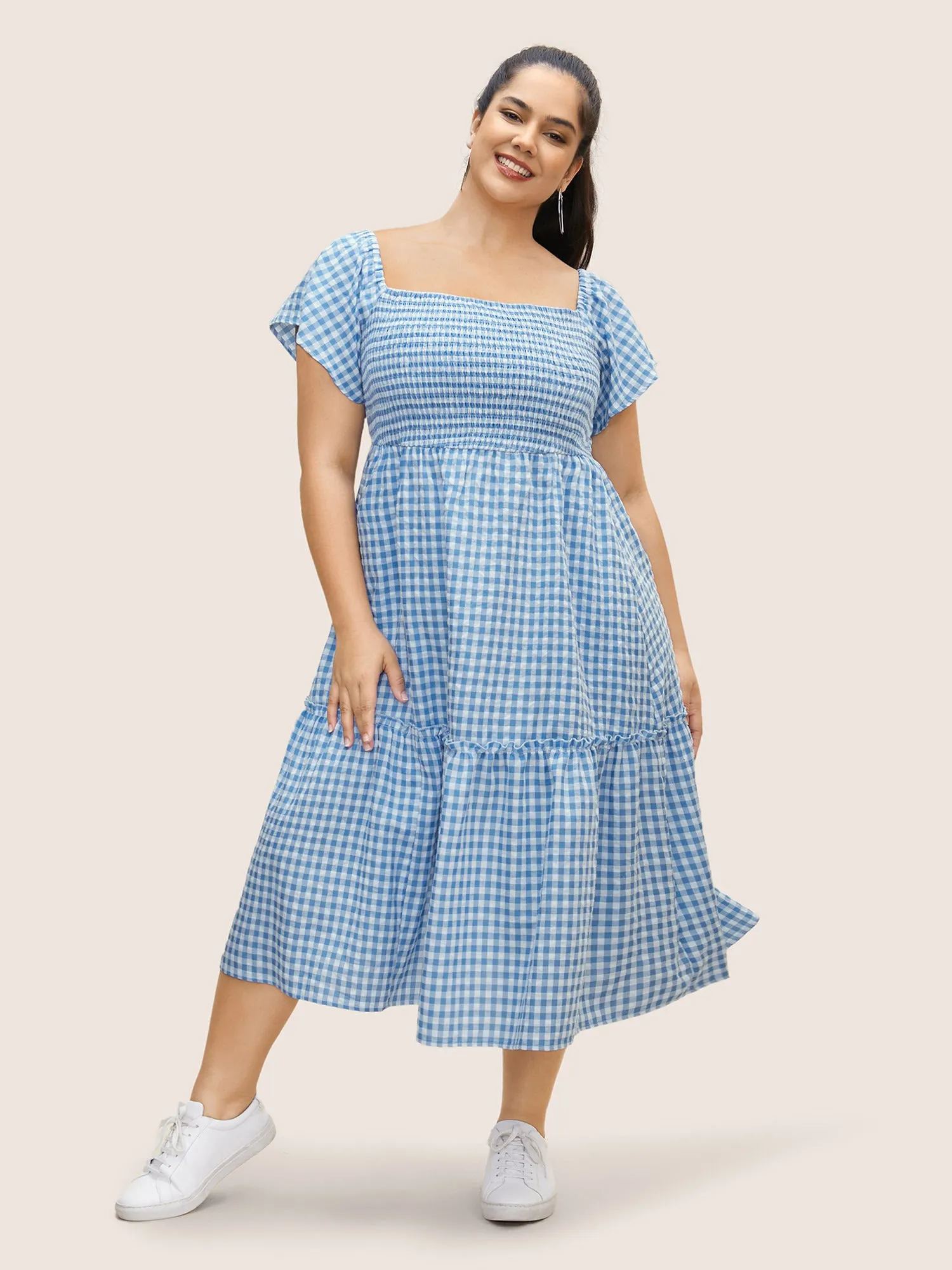 Square Neck Gingham Shirred Frill Trim Dress sold by Bloomchic