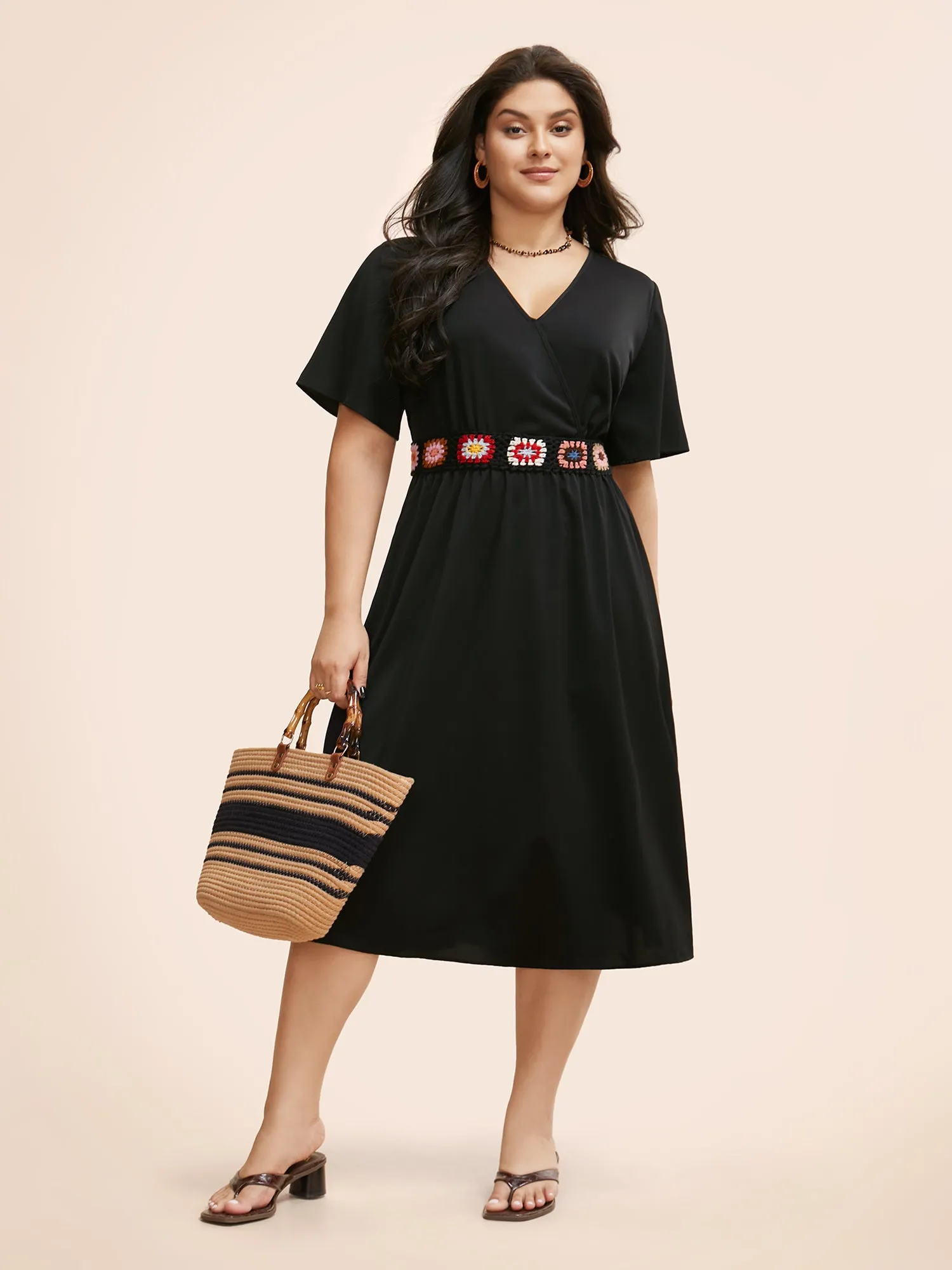 Crochet Floral Overlap Collar Shirred Dress sold by Bloomchic