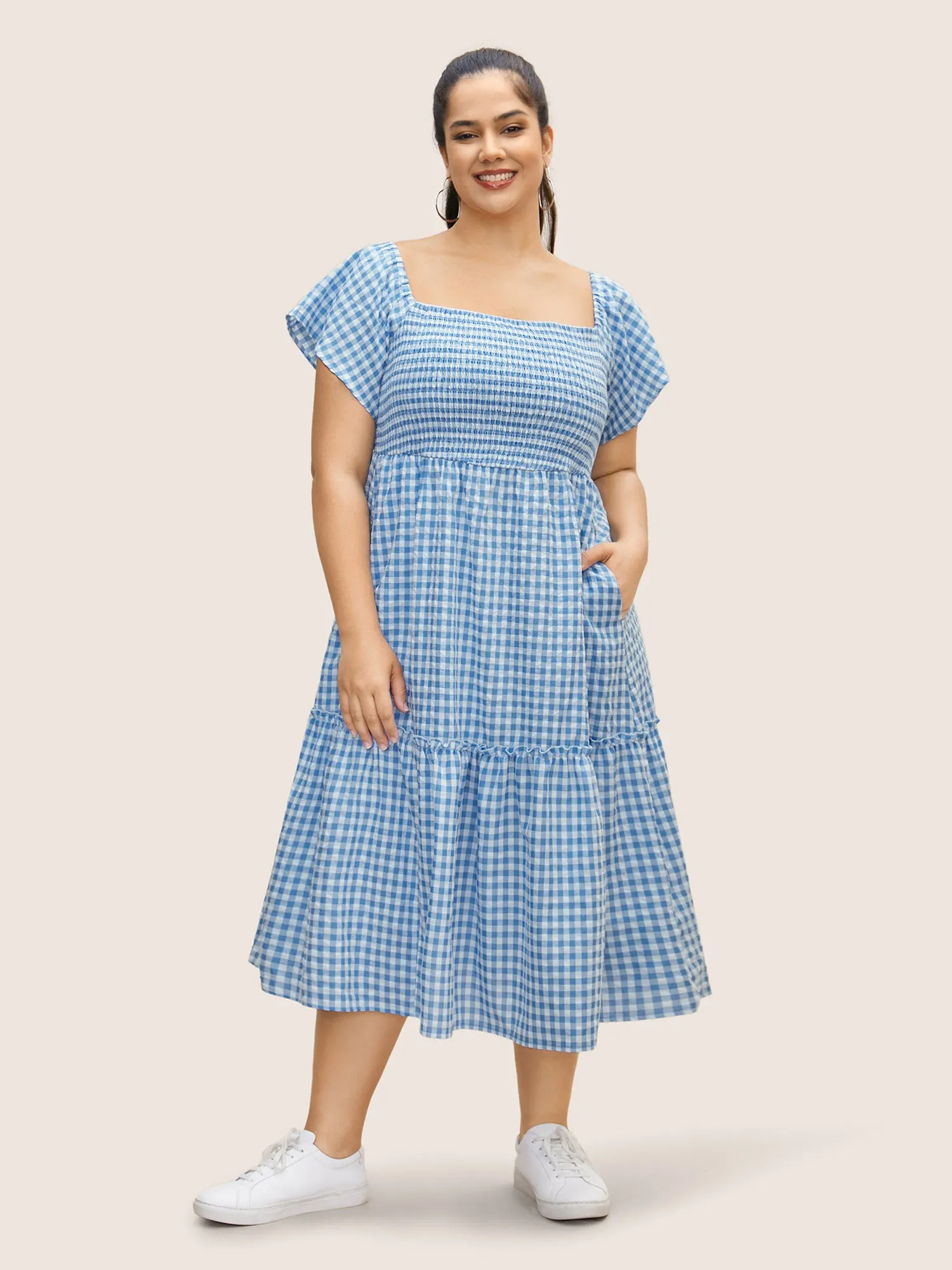 Square Neck Gingham Shirred Frill Trim Dress sold by Bloomchic product image thumbnail 3