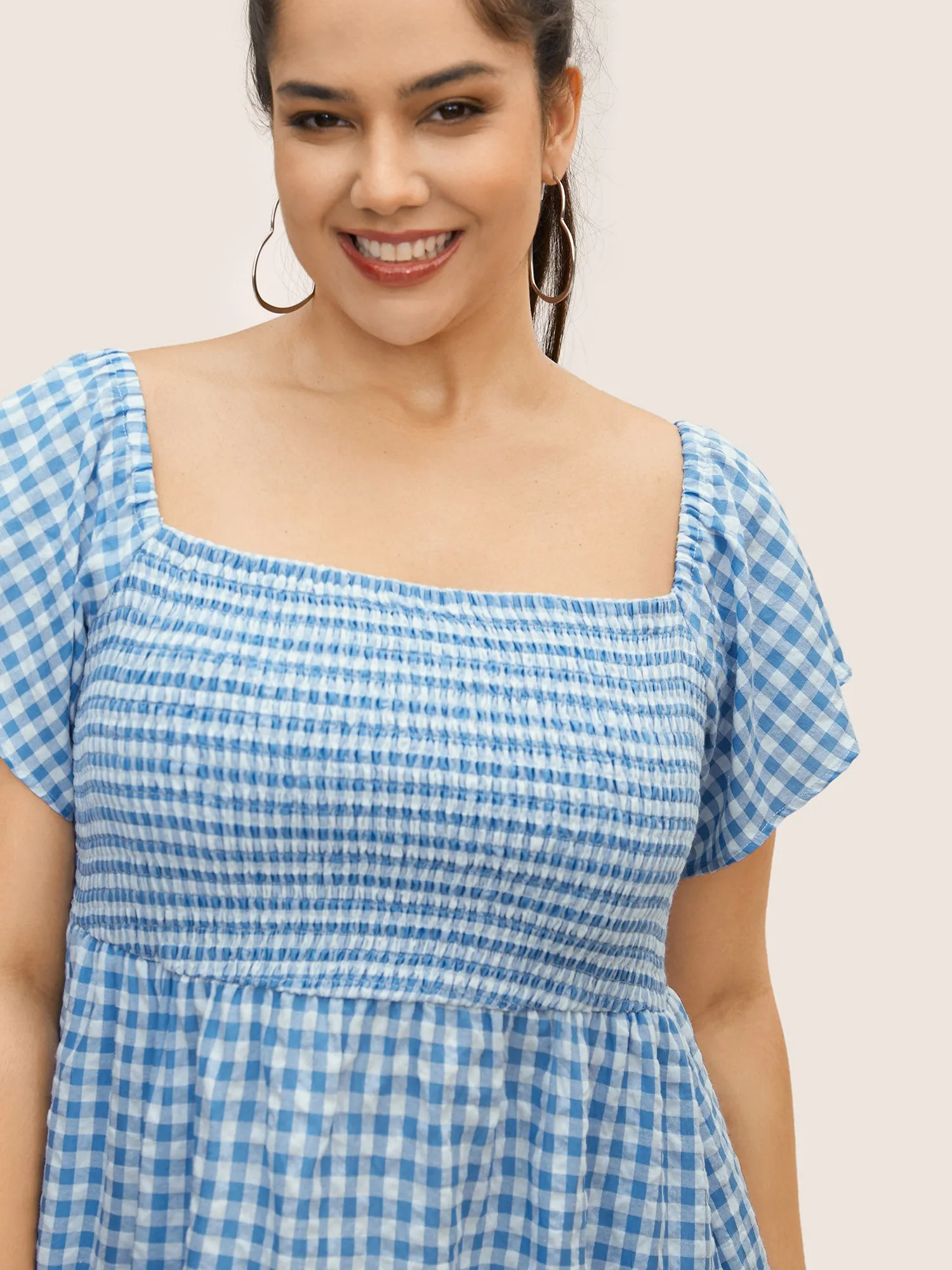 Square Neck Gingham Shirred Frill Trim Dress sold by Bloomchic product image thumbnail 2