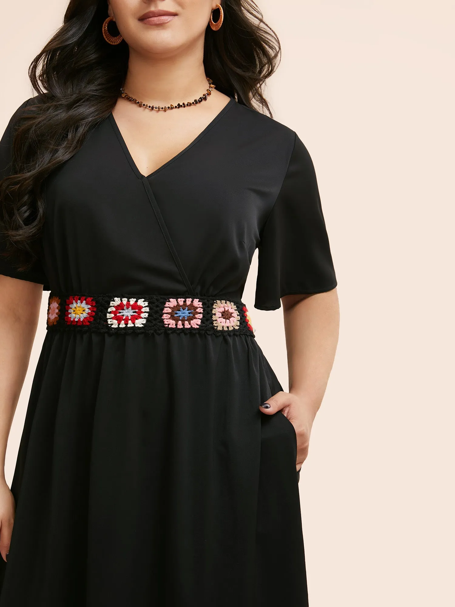 Crochet Floral Overlap Collar Shirred Dress sold by Bloomchic product image thumbnail 2