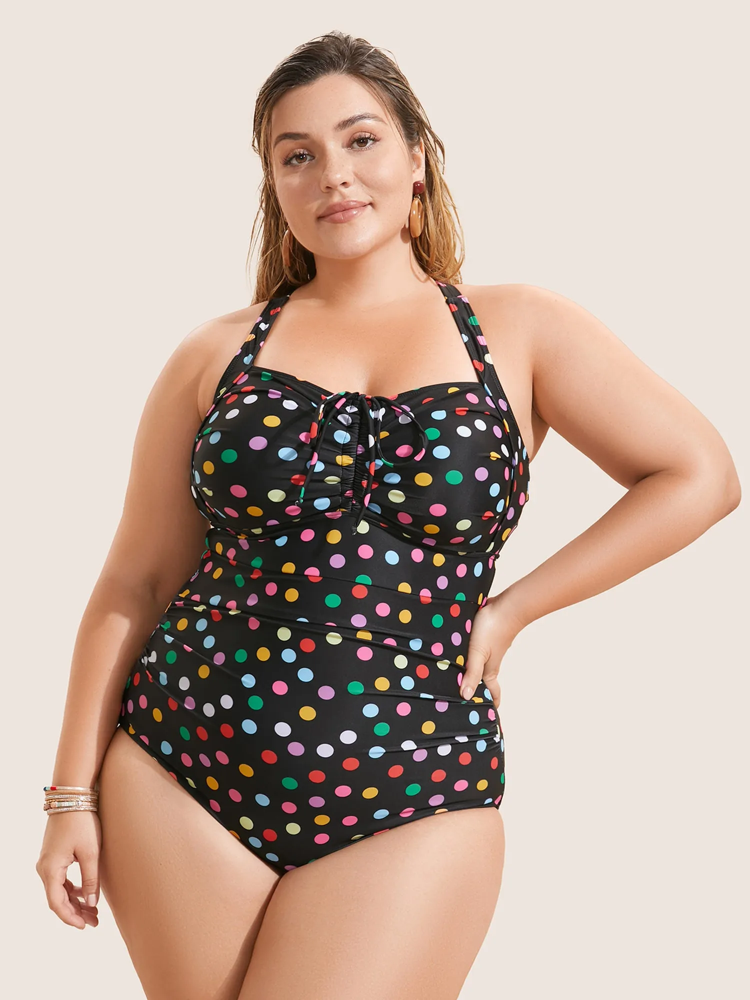 Colored Polka Dot Ties Ruched One Piece Swimsuit sold by Bloomchic