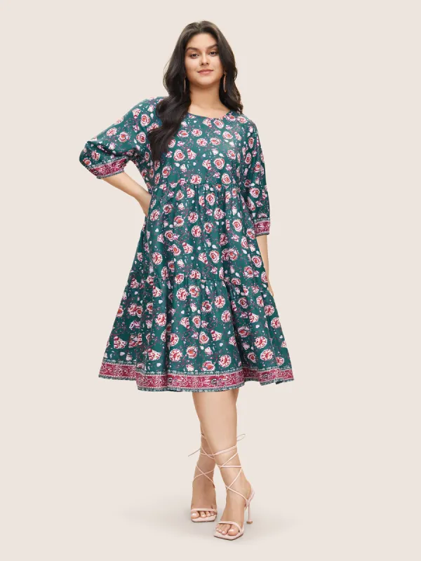 Bandana Floral Print Lantern Sleeve Gathered Dress sold by Bloomchic