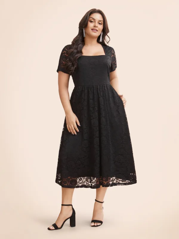 Square Neck Lace Mesh Midi Dress sold by Bloomchic