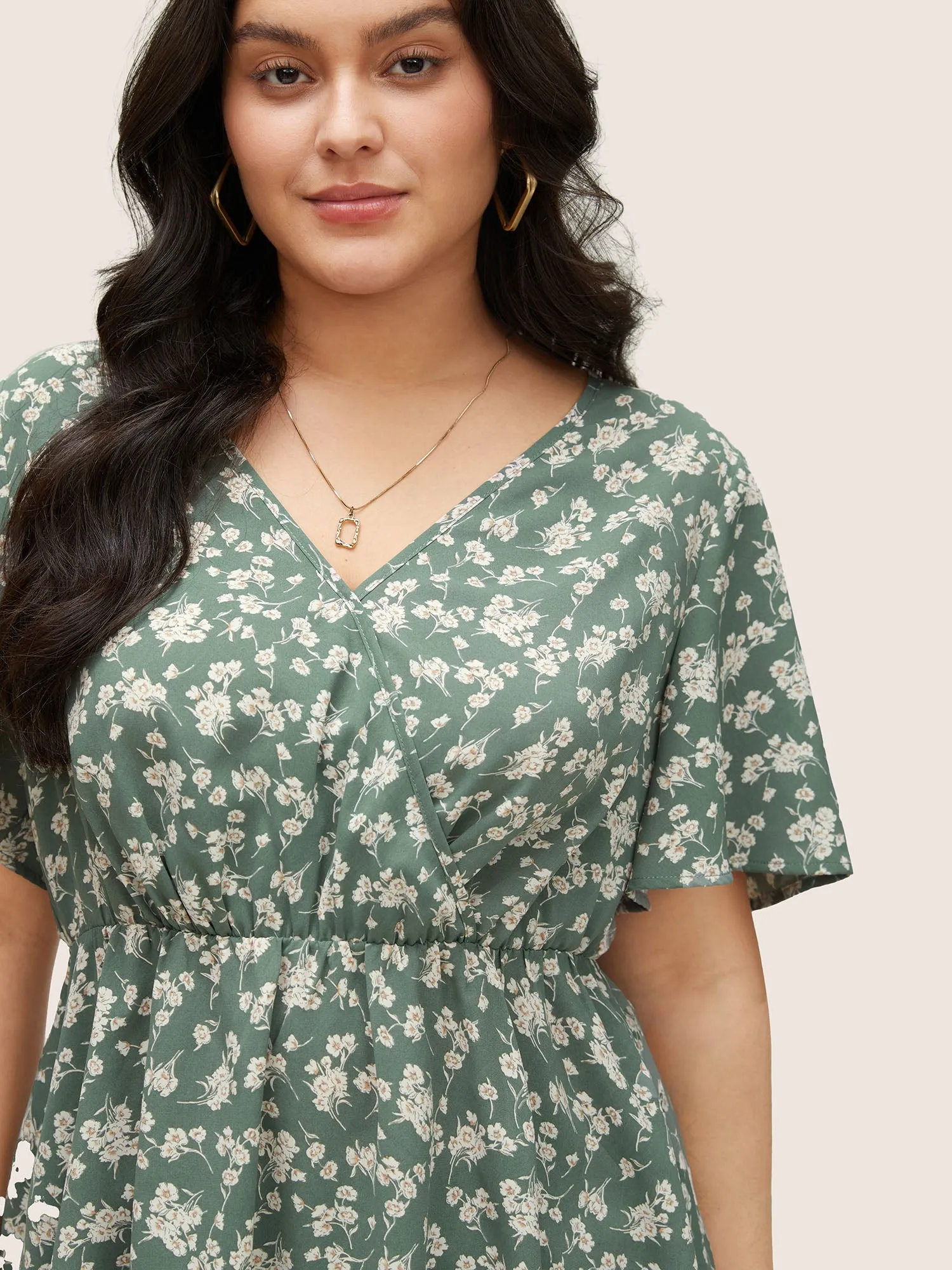 Ditsy Floral Elastic Waist Wrap Asymmetrical Hem Blouse sold by Bloomchic product image thumbnail 3