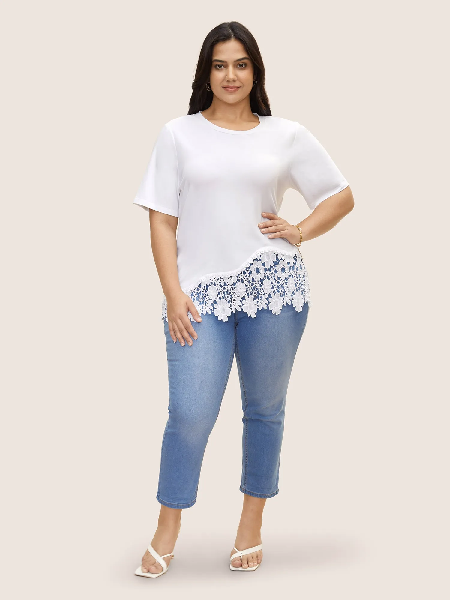 Crew Neck Flower Lace Patchwork T-shirt sold by Bloomchic product image thumbnail 3
