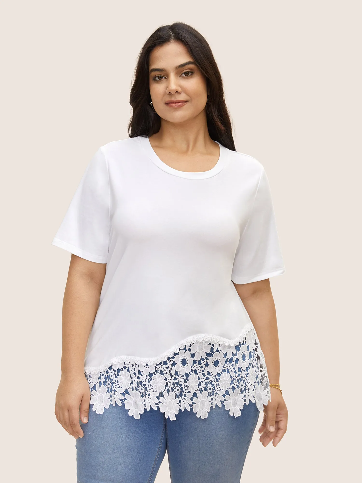 Crew Neck Flower Lace Patchwork T-shirt sold by Bloomchic