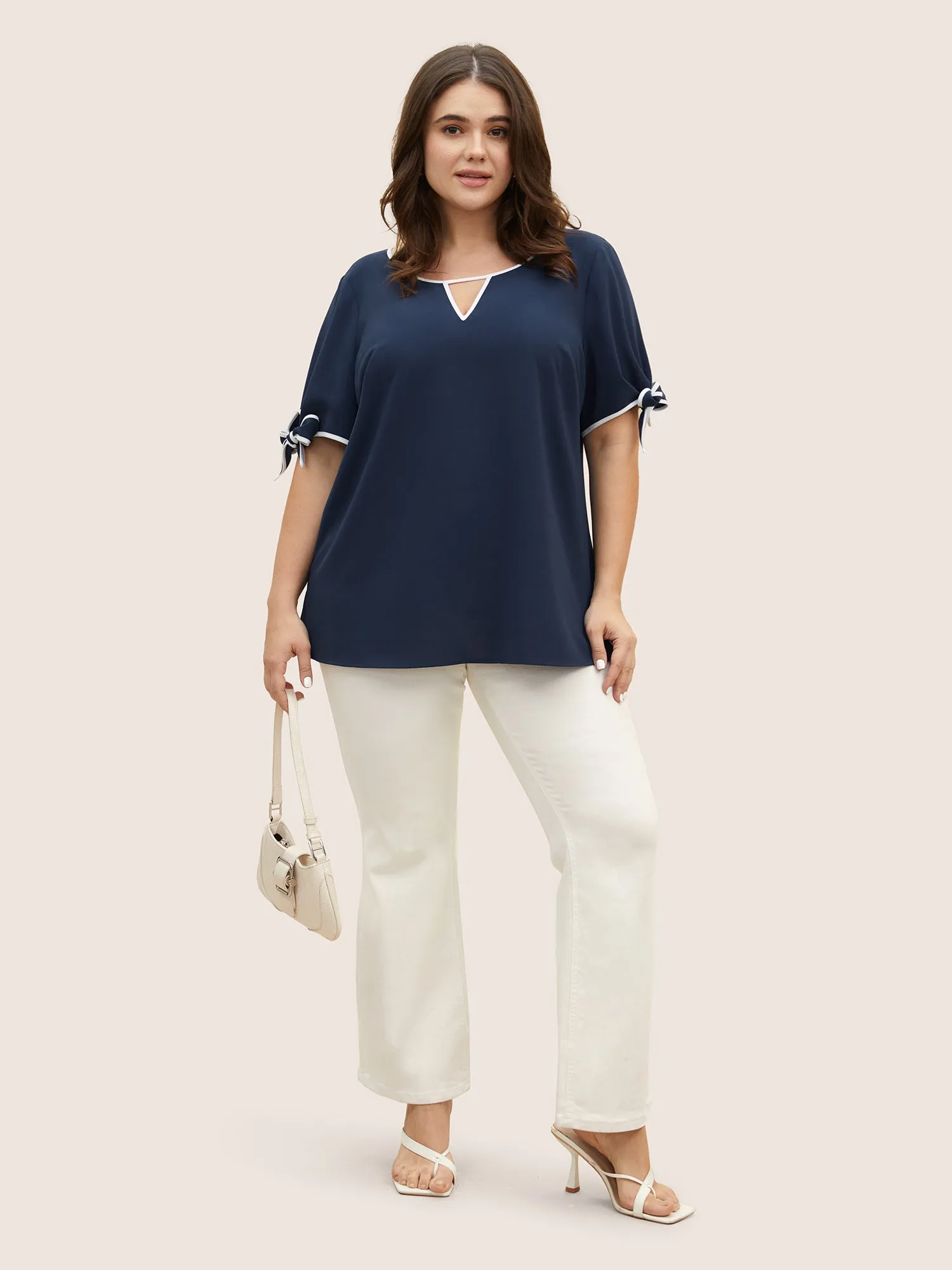 Contrast Trim Keyhole Tie Knot Blouse sold by Bloomchic product image thumbnail 2