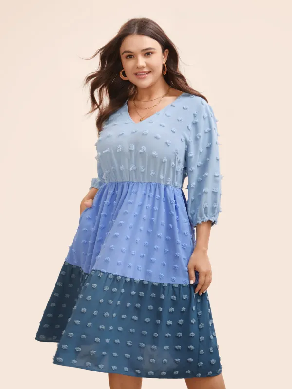 Textured Colorblock Contrast Lantern Sleeve Dress sold by Bloomchic