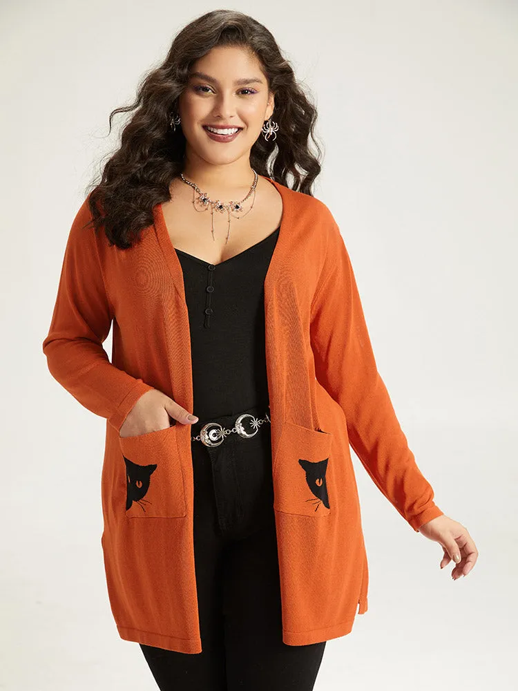 Halloween Cat Print Split Side Patched Pocket Cardigan sold by Bloomchic product image thumbnail 3