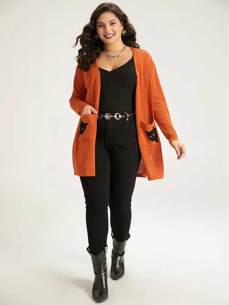 Halloween Cat Print Split Side Patched Pocket Cardigan sold by Bloomchic product image thumbnail 4