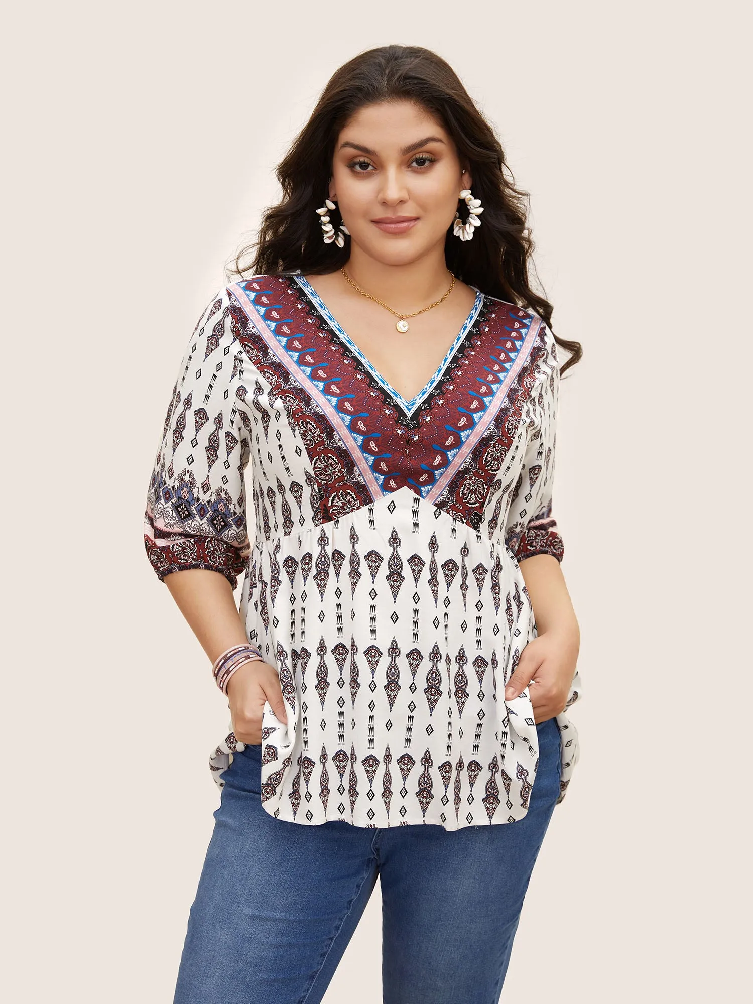 V Neck Boho Print Lantern Sleeve Blouse sold by Bloomchic product image thumbnail 2