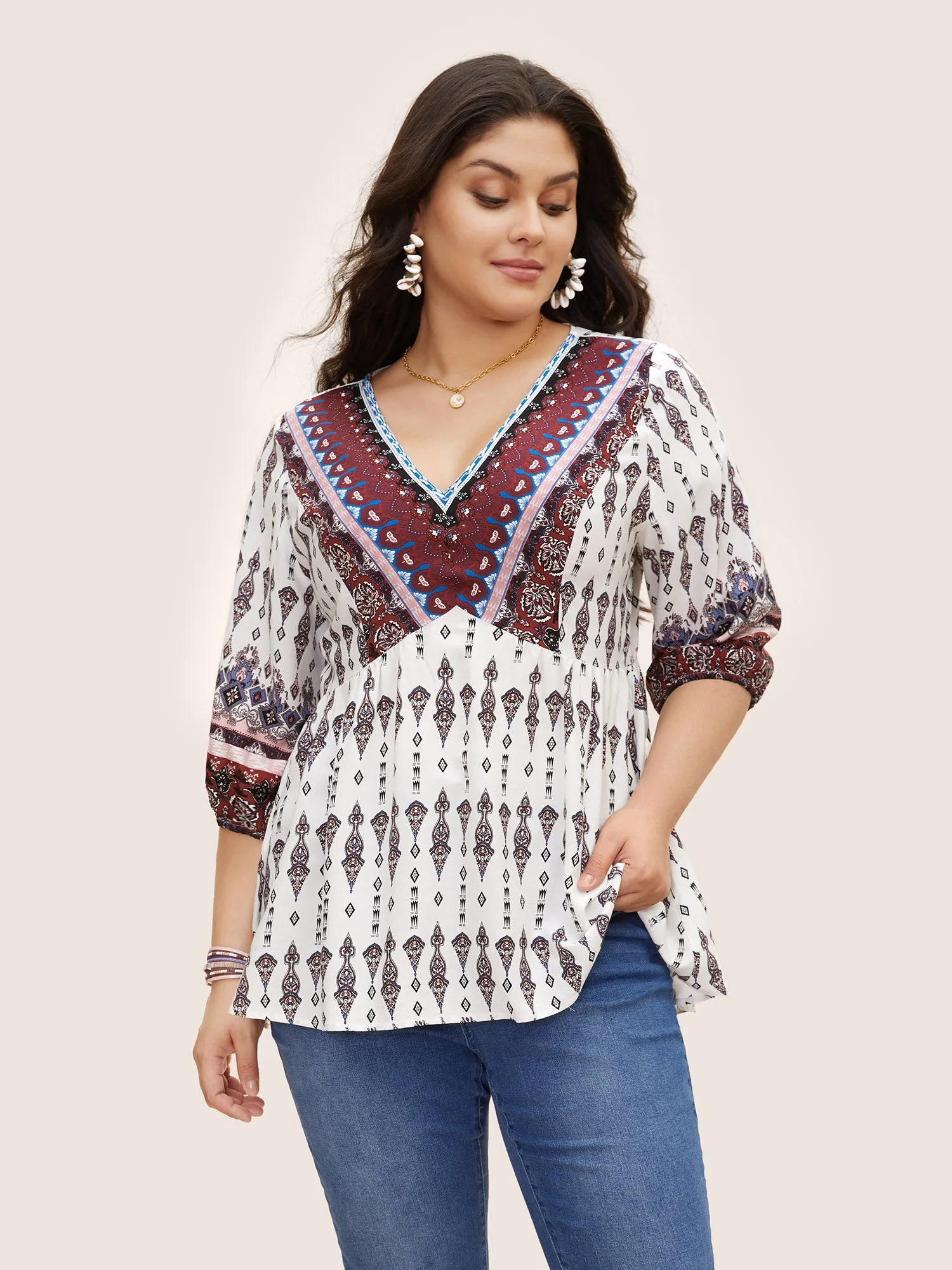 V Neck Boho Print Lantern Sleeve Blouse sold by Bloomchic