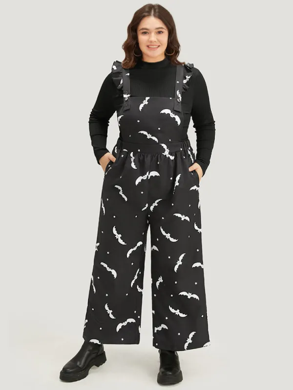 Halloween Bat Print Pocket Frill Trim Gathered Jumpsuit sold by Bloomchic