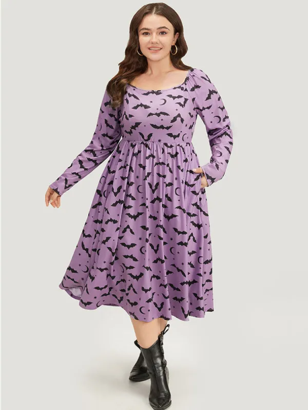 Halloween Bat Print Pocket Square Neck Dress sold by Bloomchic