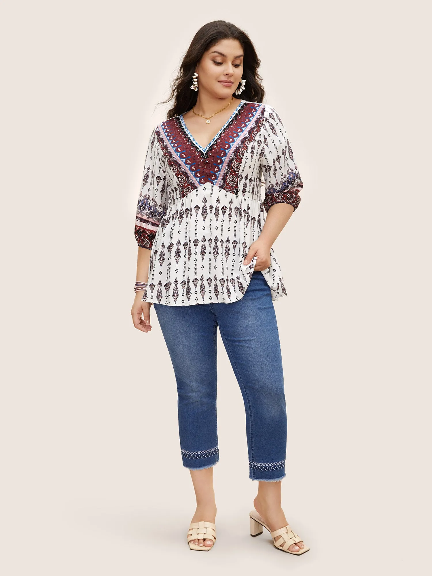 V Neck Boho Print Lantern Sleeve Blouse sold by Bloomchic product image thumbnail 3