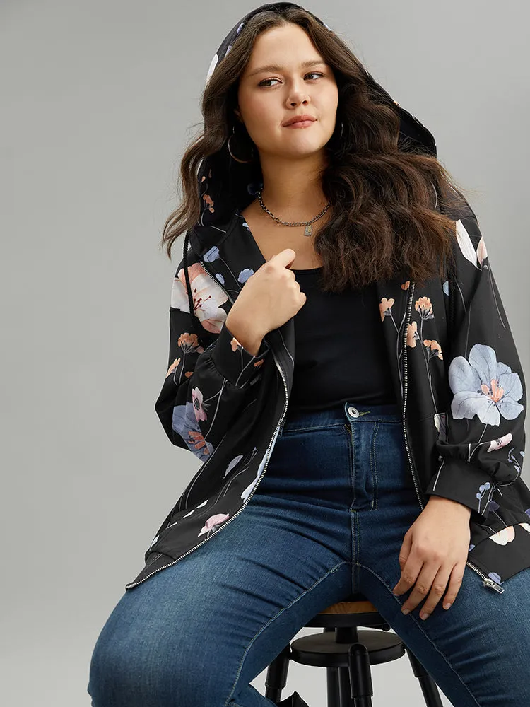 Floral Print Zipper Hooded Pocket Windbreaker sold by Bloomchic