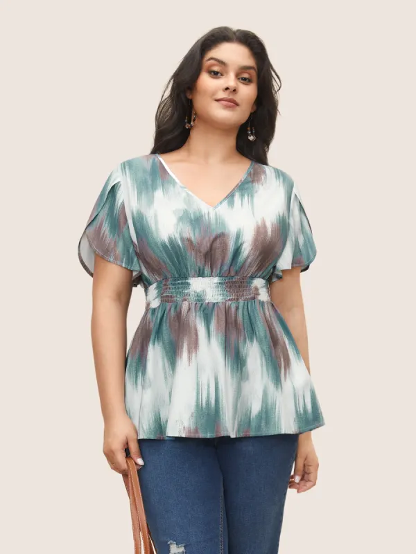 Tie Dye Petal Sleeve Shirred Blouse sold by Bloomchic