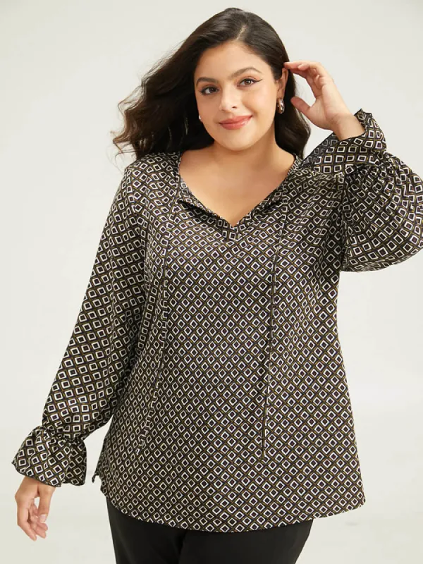 Geometric Knot Neck Flutter Trim Blouse sold by Bloomchic