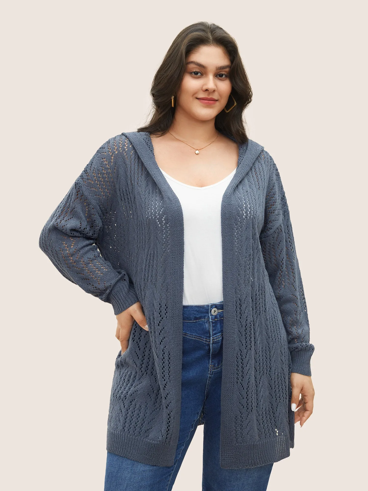 Solid Hollow Out Hooded Cardigan sold by Bloomchic