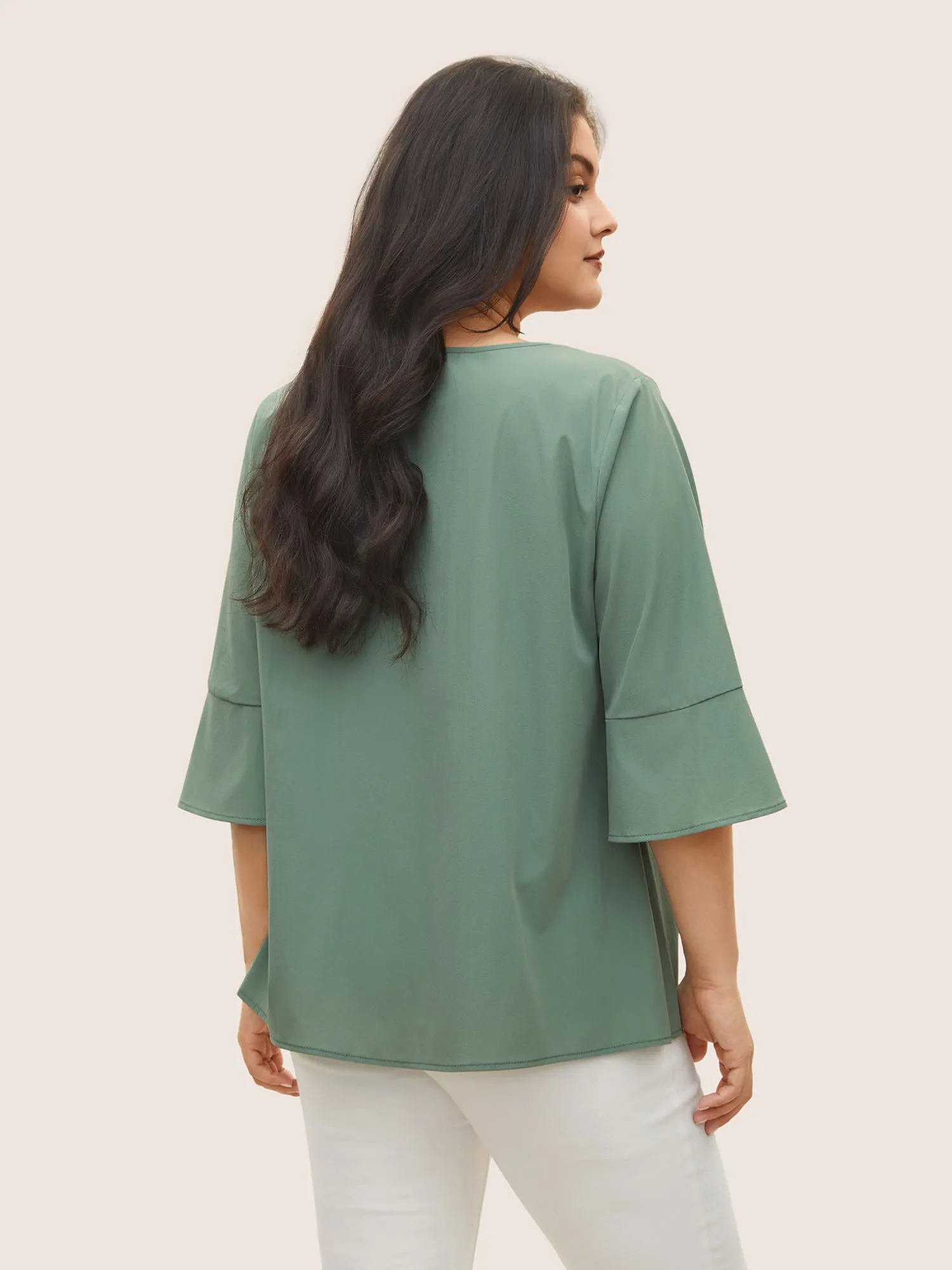 Stretchy Woven Keyhole Pearl Beaded Ruffle Sleeve Blouse sold by Bloomchic product image thumbnail 3