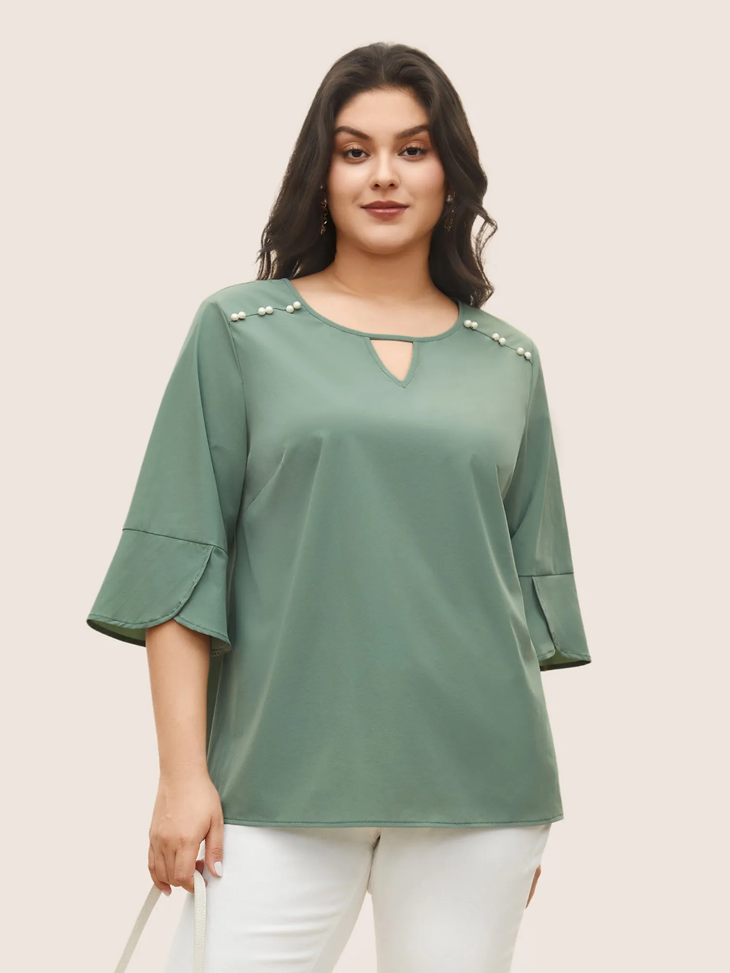 Stretchy Woven Keyhole Pearl Beaded Ruffle Sleeve Blouse sold by Bloomchic