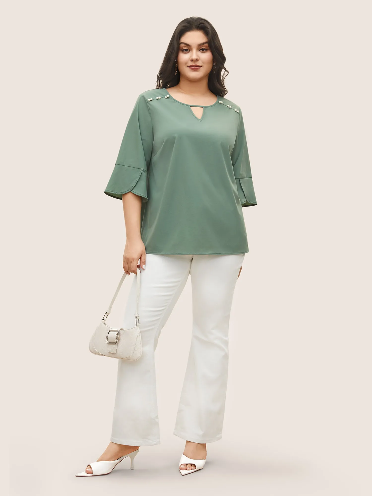 Stretchy Woven Keyhole Pearl Beaded Ruffle Sleeve Blouse sold by Bloomchic product image thumbnail 2